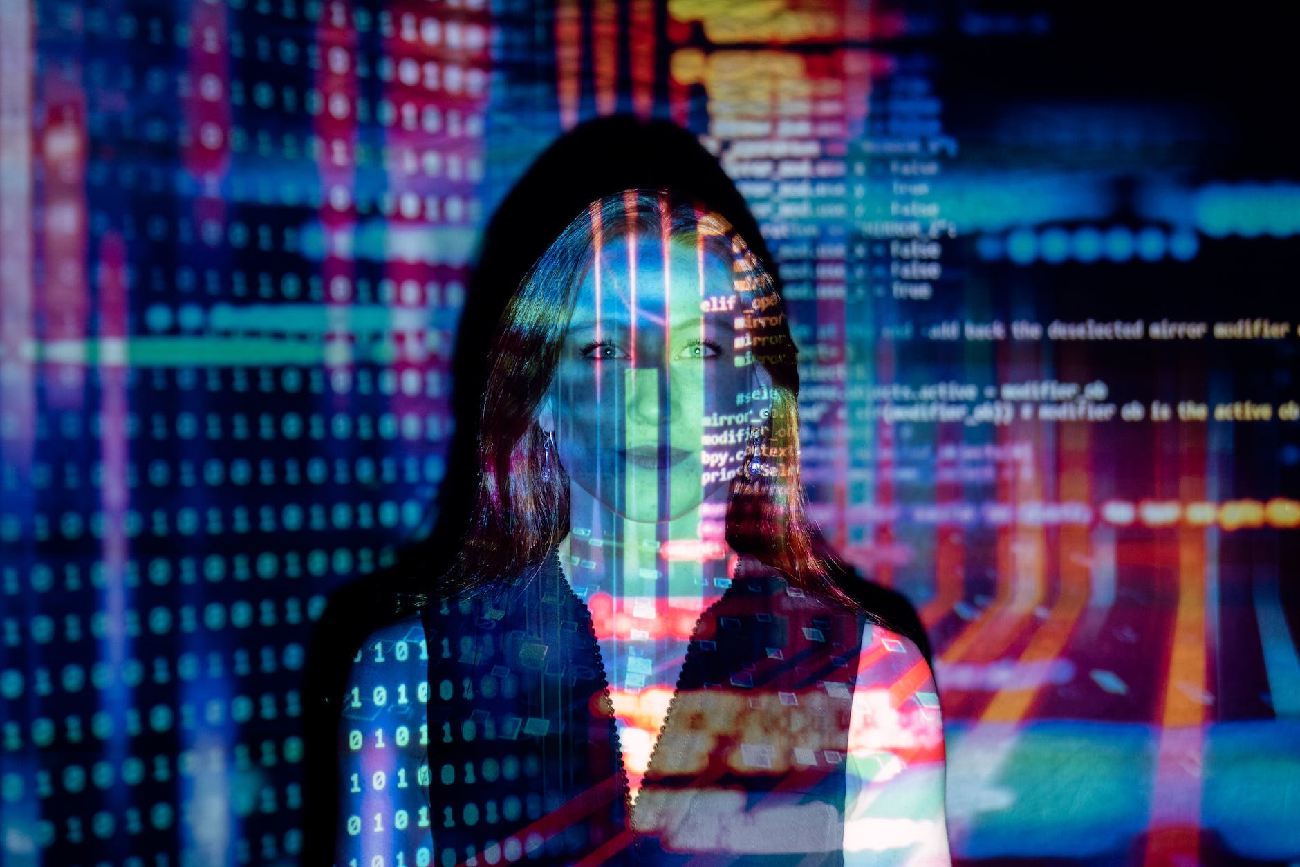 A woman in the form of an AI-operated chatbot in customer service with binary codes in the background.