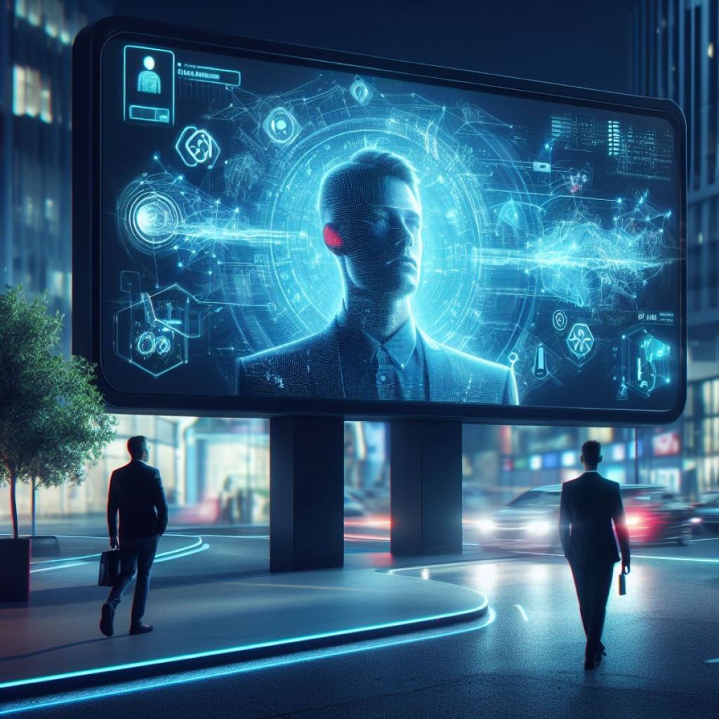 A futuristic image of a smart billboard changing its content based on the emotions of passersby.