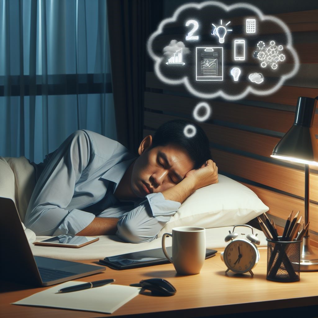 Image of man in restless sleep thinking of work.