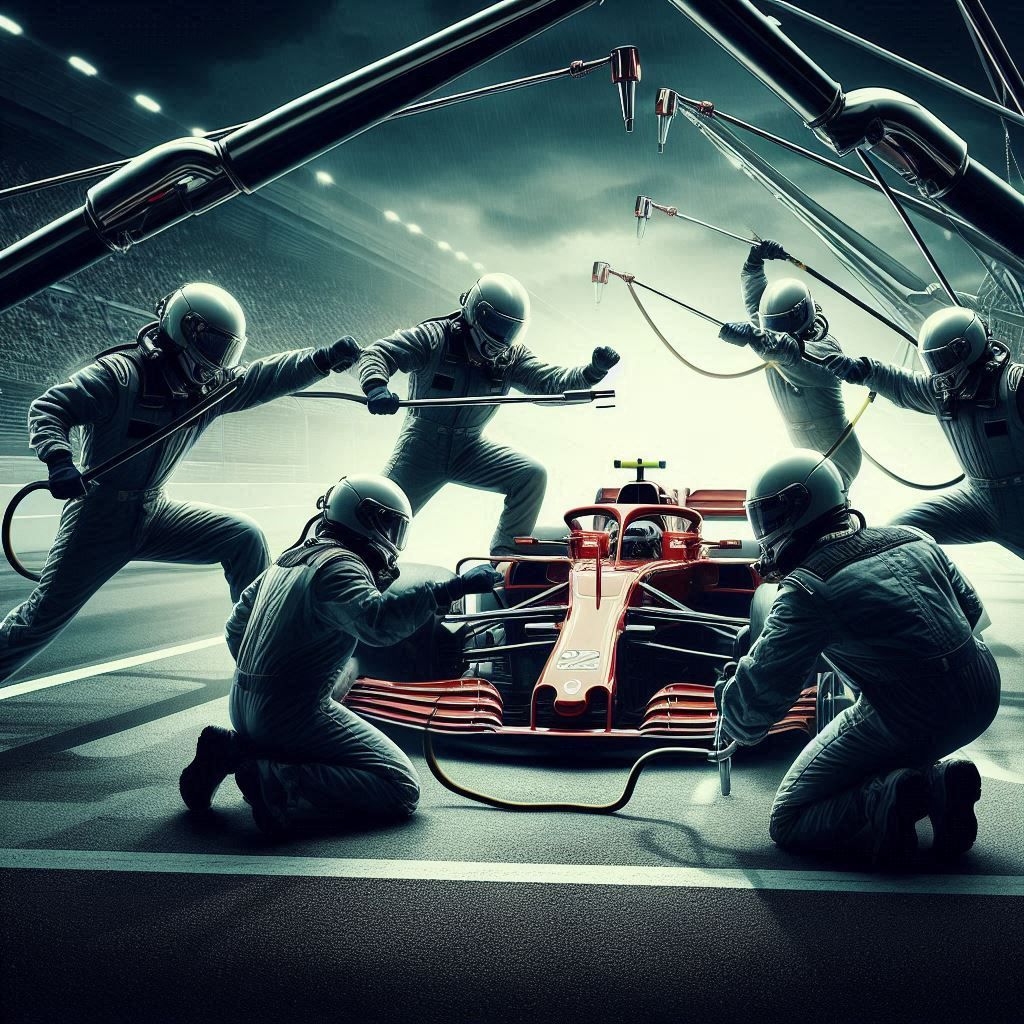 Teamwork at a Formula 1 pit lane