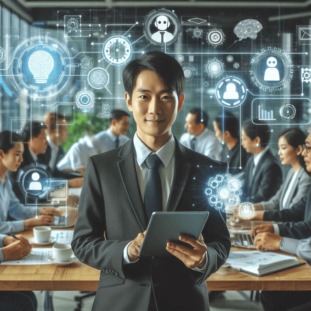 Man in jacket and tie holding a tablet in the fore ground with a team of people at a meeting in the background surrounded by artificial intelligence symbols around them.