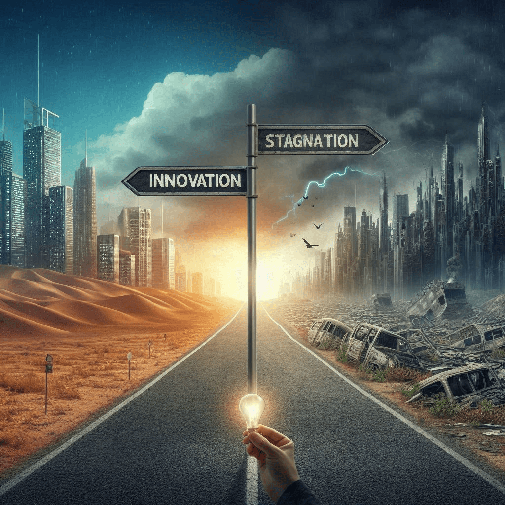 This image depictS a fork in the road, with one path showing "Innovation" leading to a futuristic, thriving cityscape, and the other path showing "Stagnation" leading to a desolate landscape with abandoned buildings.