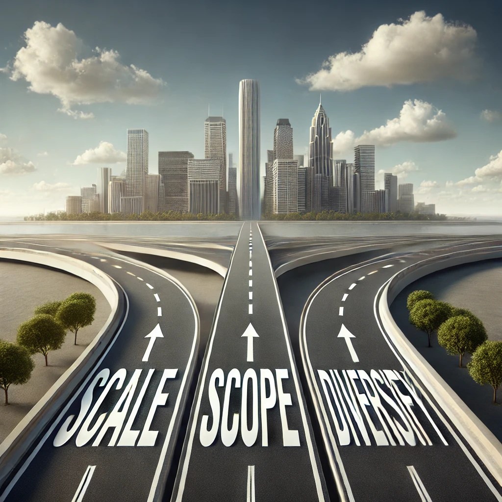 An image of a road or path that splits into three distinct directions, each labeled with keywords like "Scale," "Scope," and "Diversify." The scene is set in a modern business environment or an open landscape, with a clear sky to suggest forward-thinking and limitless potential. 